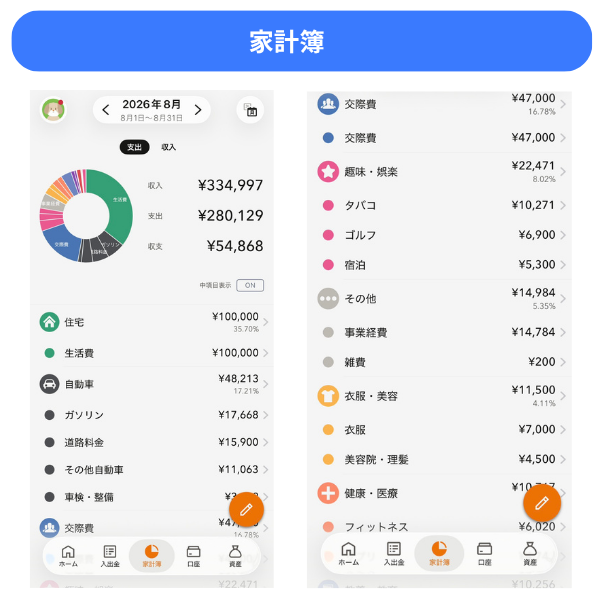 マネーフォワード MEの家計簿で月間収支を確認している画面